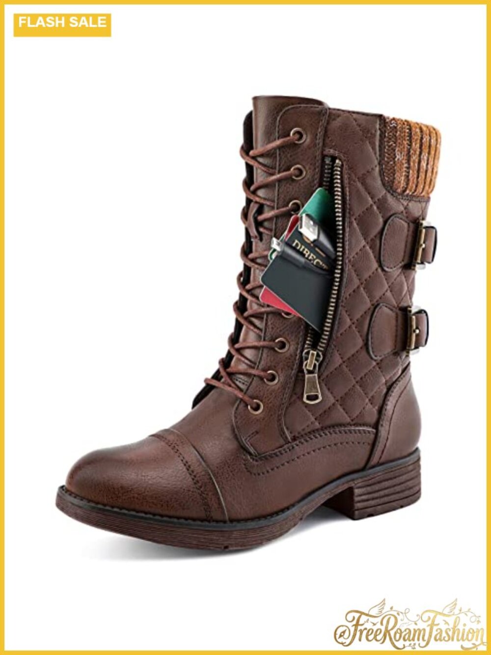 Womens Combat Boots Mid Calf Vegan Water Resistant Zip Hidden Pocket